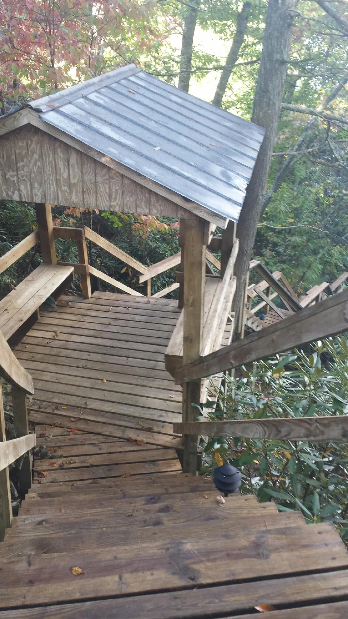 Metal roofed shelter over wooden steps on a wooded walkway — Skylight Repair & Installation work by our crew in Harrisonville
